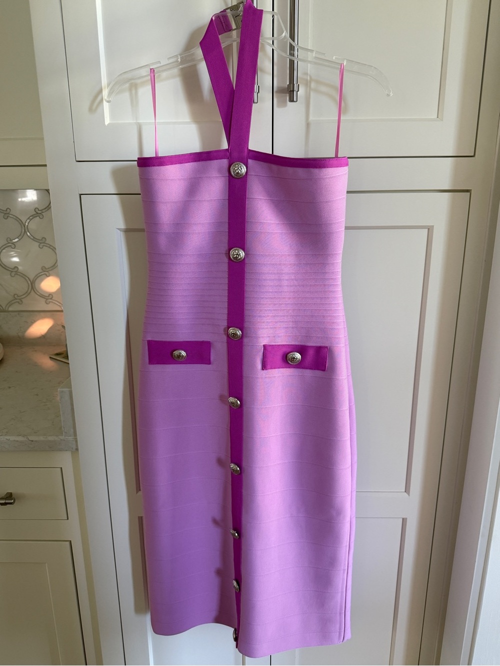 Boston Proper Lilac Strapless Bandage Midi Dress with Magenta Trim